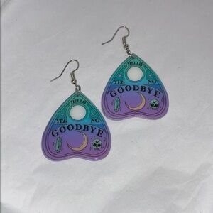 Ouija Board Goodbye Planchette Dangle Earrings in Teal & Purp ombre